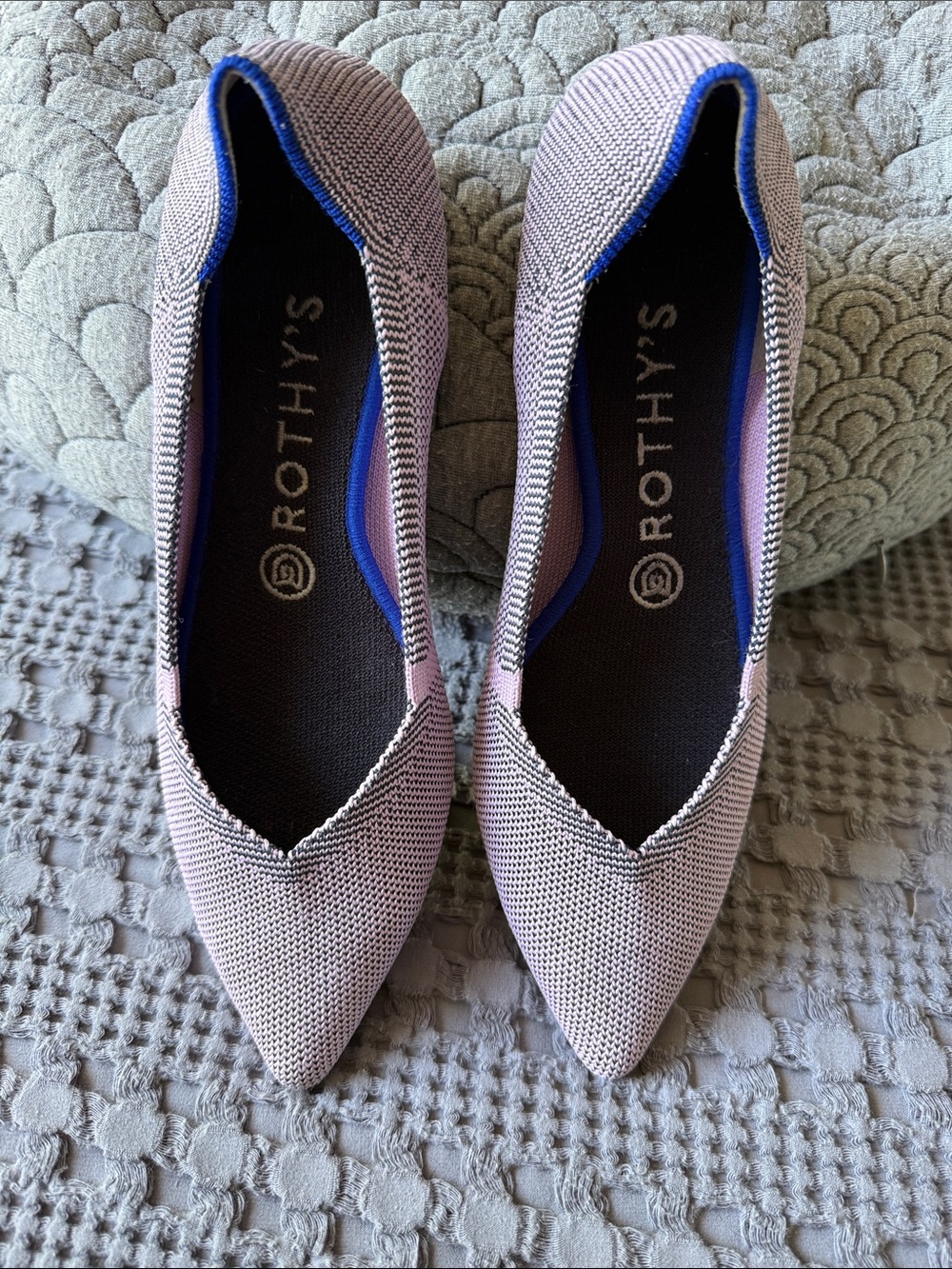 Rothy's Pointed Knit Flats in Pale Pink with Blue Trim